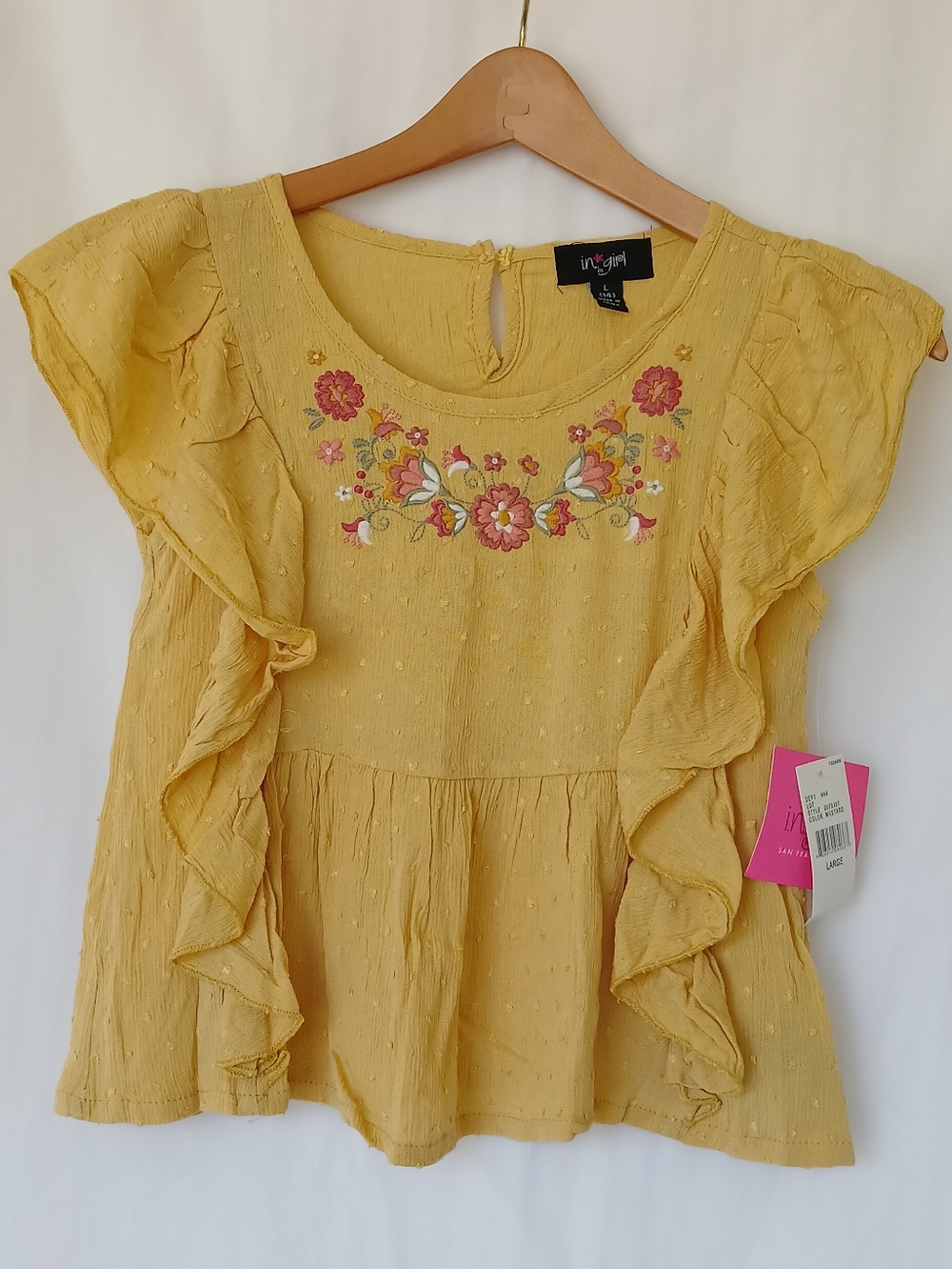 I.N. Girl Company Girls Mustard Yellow Embroidered Ruffle Sleeve Blouse L (14)